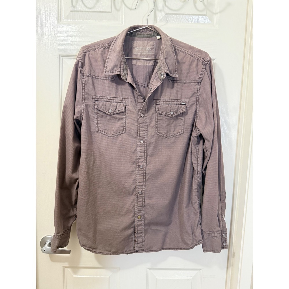 Guess Mens Long Sleeve Snap Front Western Shirt Mauve Purple Ripstop Large